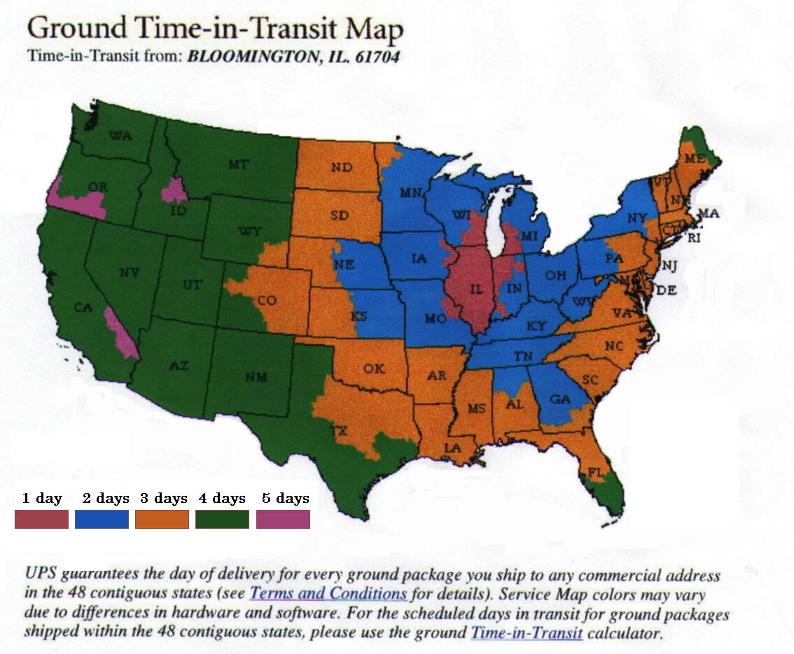 Delivery time map for UPS ground deliveries.